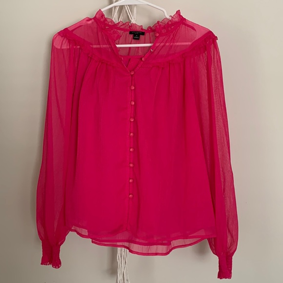 Hot Pink button down top with ruffle detail - Picture 1 of 5